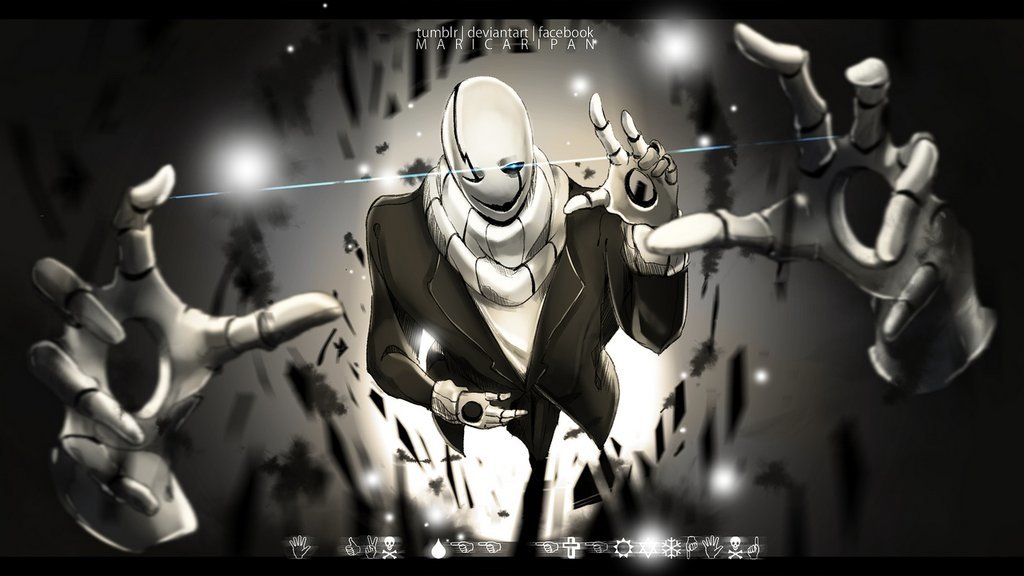 A dynamic, stylized illustration of a character resembling Sans from the video game Undertale, depicted in a powerful pose with glowing eyes and outstretched hands.