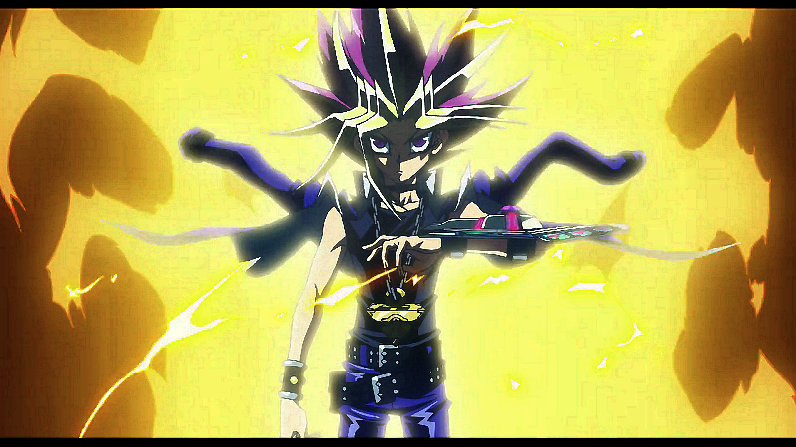 Anime Yu-Gi-Oh! — Yami Yugi in a blazing yellow aura, duel disk raised with the Millennium Puzzle at his chest, striking an intense battle pose.