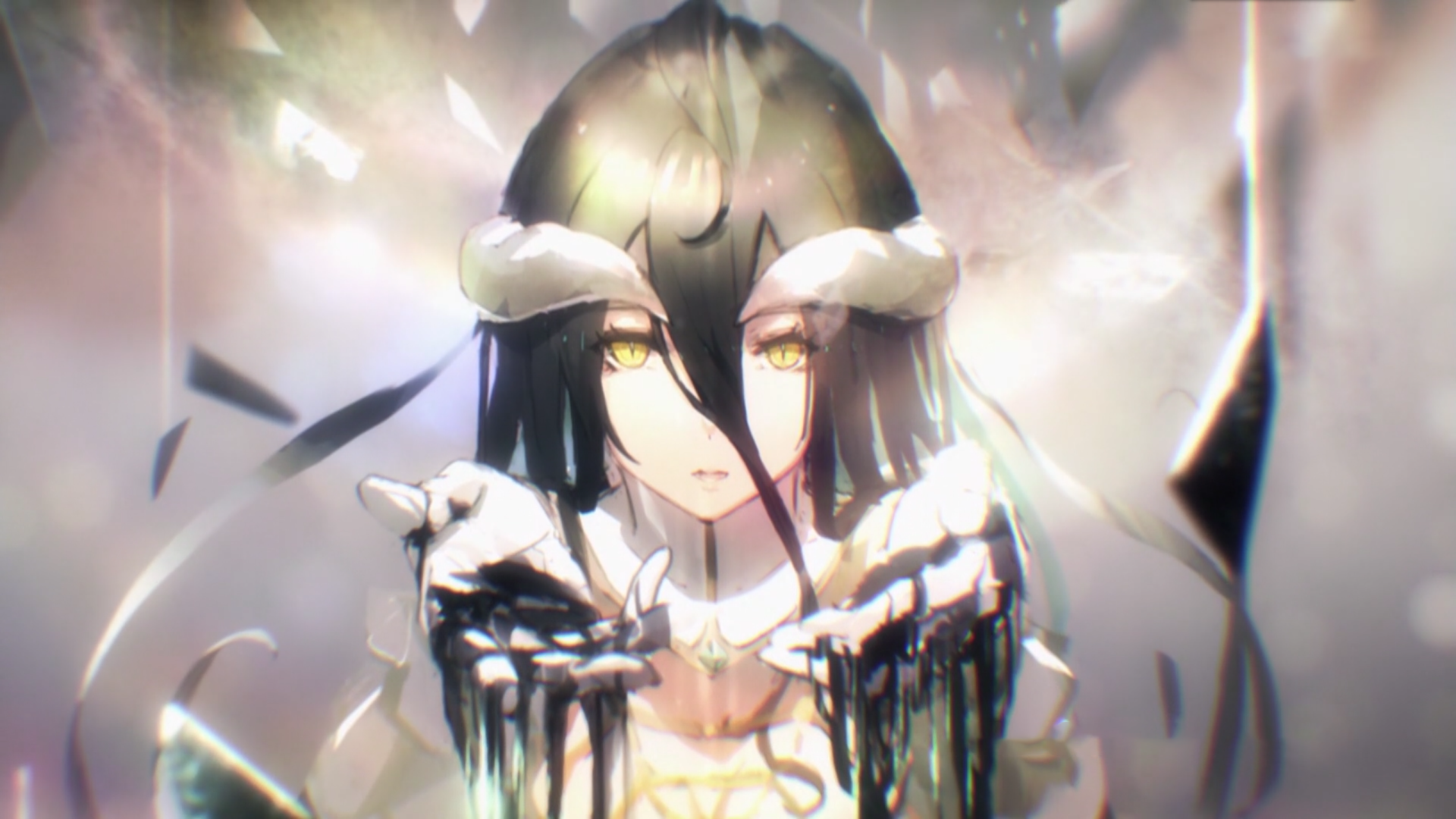 Anime-style image from Overlord featuring a character with dark hair, white horn-like accessories, and glowing golden eyes, extending hands covered in black liquid.