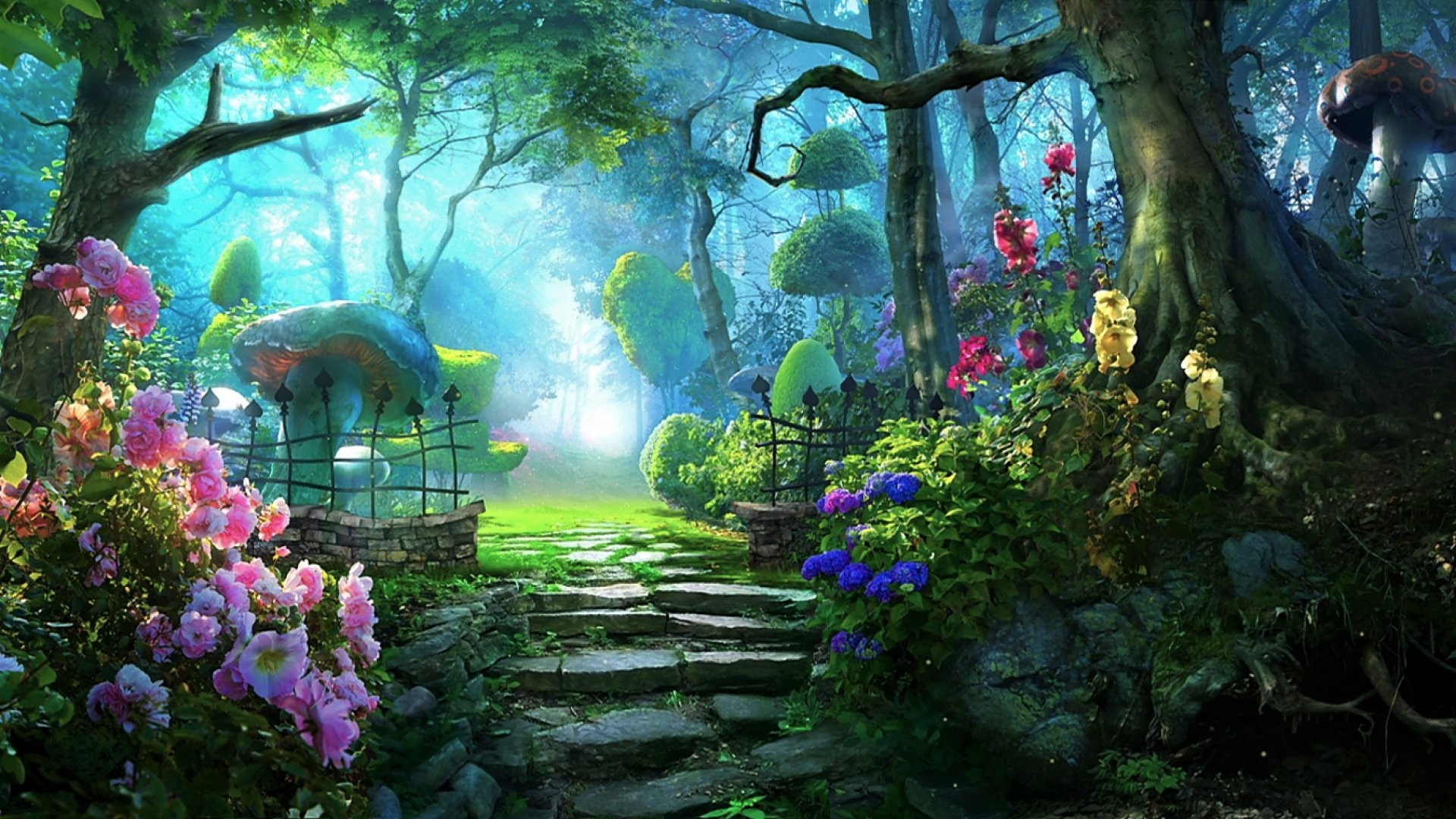 Whimsical Pathways: A Fantasy of Mushrooms, Trees, and Blossoms