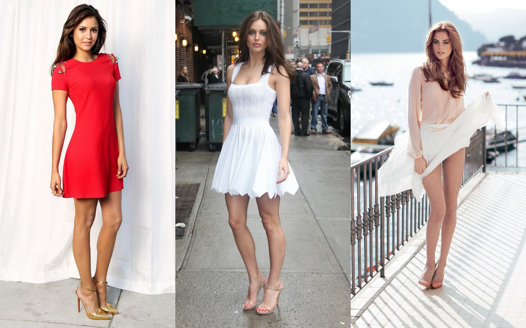 A stylish trio of models: Alejandra Alonso in a red dress, Emily Didonato in a white outfit, and Nina Dobrev wearing a light top, each showcasing their unique fashion.