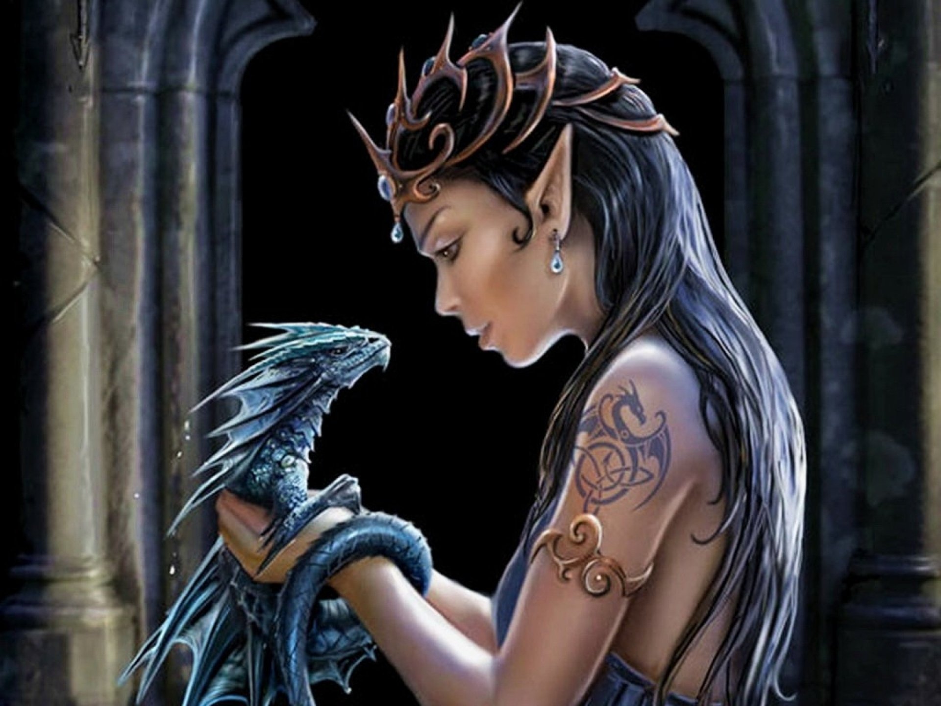 A serene elf with intricate tattoos and a crown gently cradles a small dragon, embodying a magical fantasy world in a mystical stone archway.