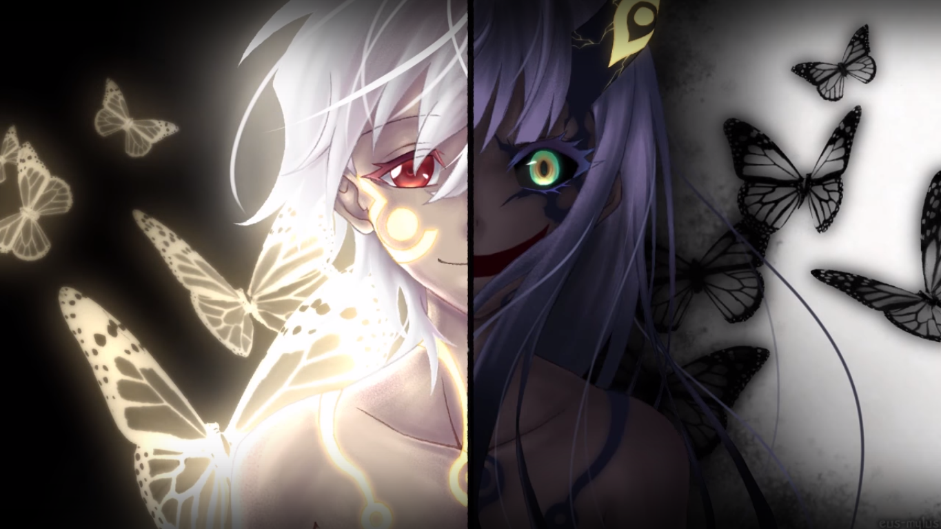 Split anime image from Twin Star Exorcists: left luminous white-haired exorcist with glowing butterflies; right shadowed purple-haired figure with dark butterflies and a green eye.