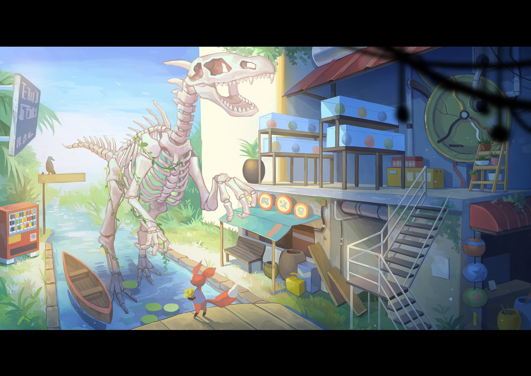 Original anime-style scene: a fox at a riverside docks meets a towering skeletal dinosaur beside a stilted shop.