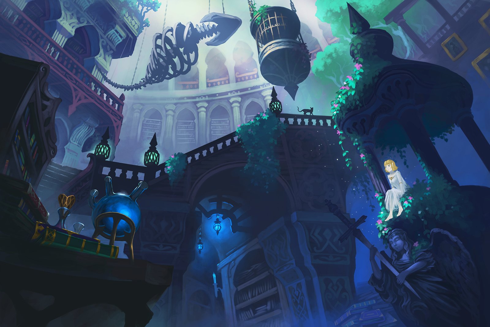 Anime-style grand library inside a towering ornate building: spiral staircases, balconies, glowing lamps, floating books and a lone figure on a ledge.