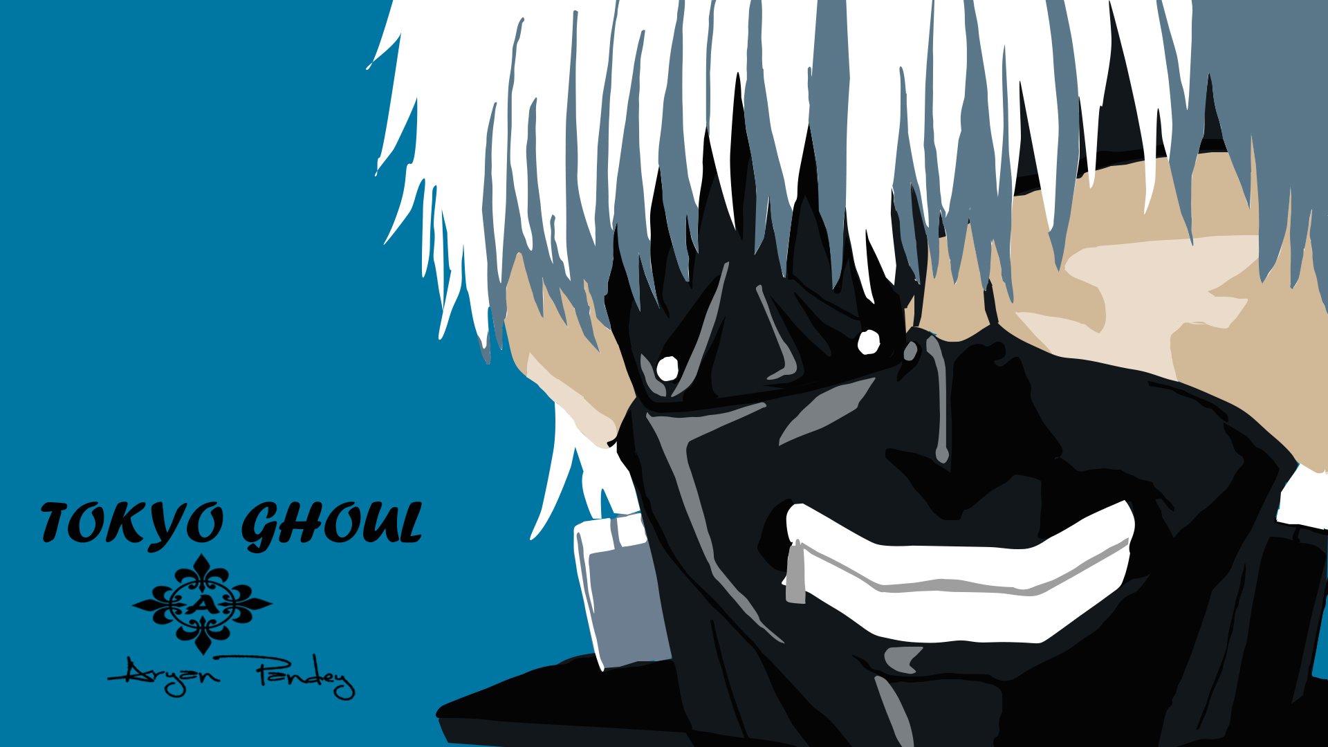 Minimalist anime-style illustration of Ken Kaneki from Tokyo Ghoul, featuring his white hair and black mask with a wide smile against a simple blue background.