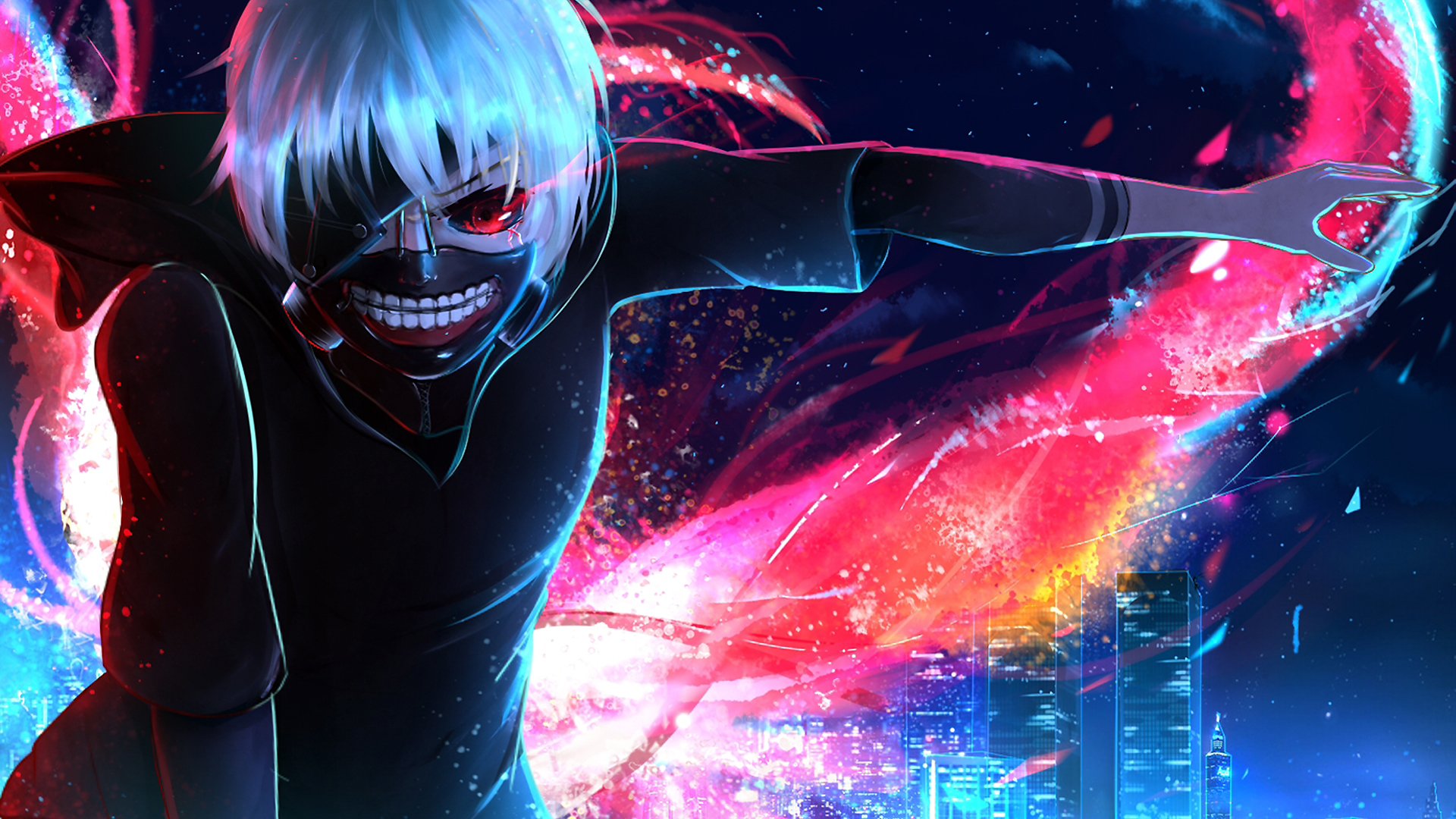 Ken Kaneki from Tokyo Ghoul with white hair and a menacing mask, surrounded by glowing red kagune tendrils against a dark cityscape backdrop.