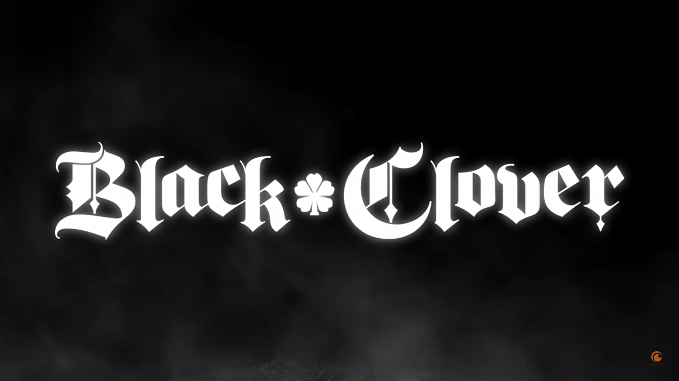 Black Clover anime logo in white Gothic lettering centered on a dark, smoky background.