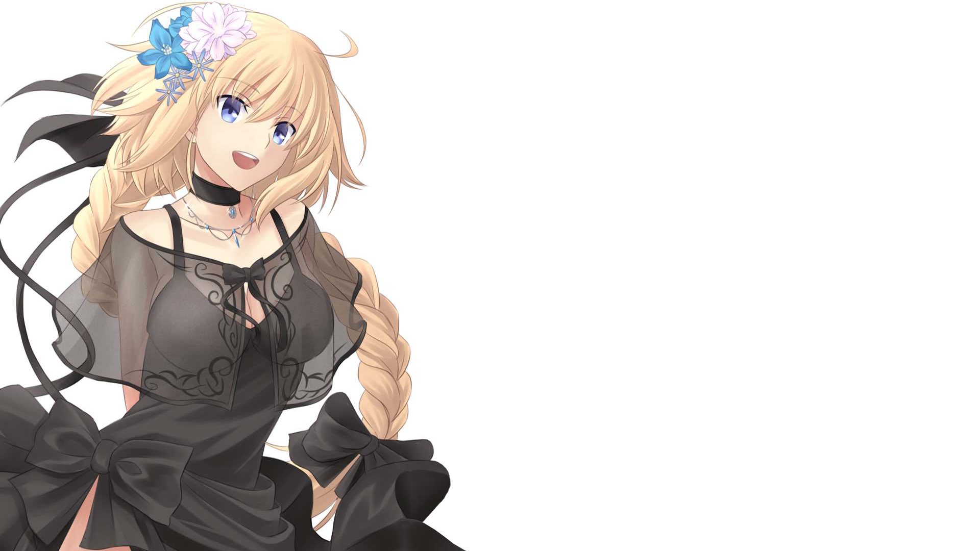 Anime-style illustration of Ruler Jeanne d'Arc from Fate/Grand Order, featuring her in a black dress with a blue flower in her hair and a cheerful expression.