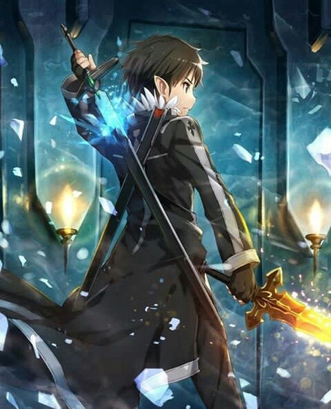 Kirito from Sword Art Online stands ready with a glowing sword in a dark, shattered environment, embodying the anime's intense and action-packed atmosphere.
