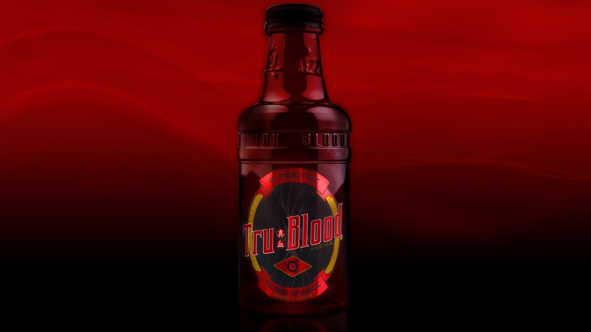 Tru Blood bottle from the TV show True Blood, centered on a red-to-black gradient background.