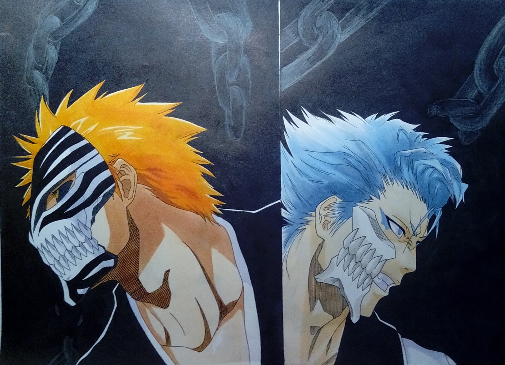 Split-panel Bleach anime image of Ichigo Kurosaki (orange hair) and Kūgo Ginjō (blue hair) wearing hollow masks, back-to-back against smoky chains.