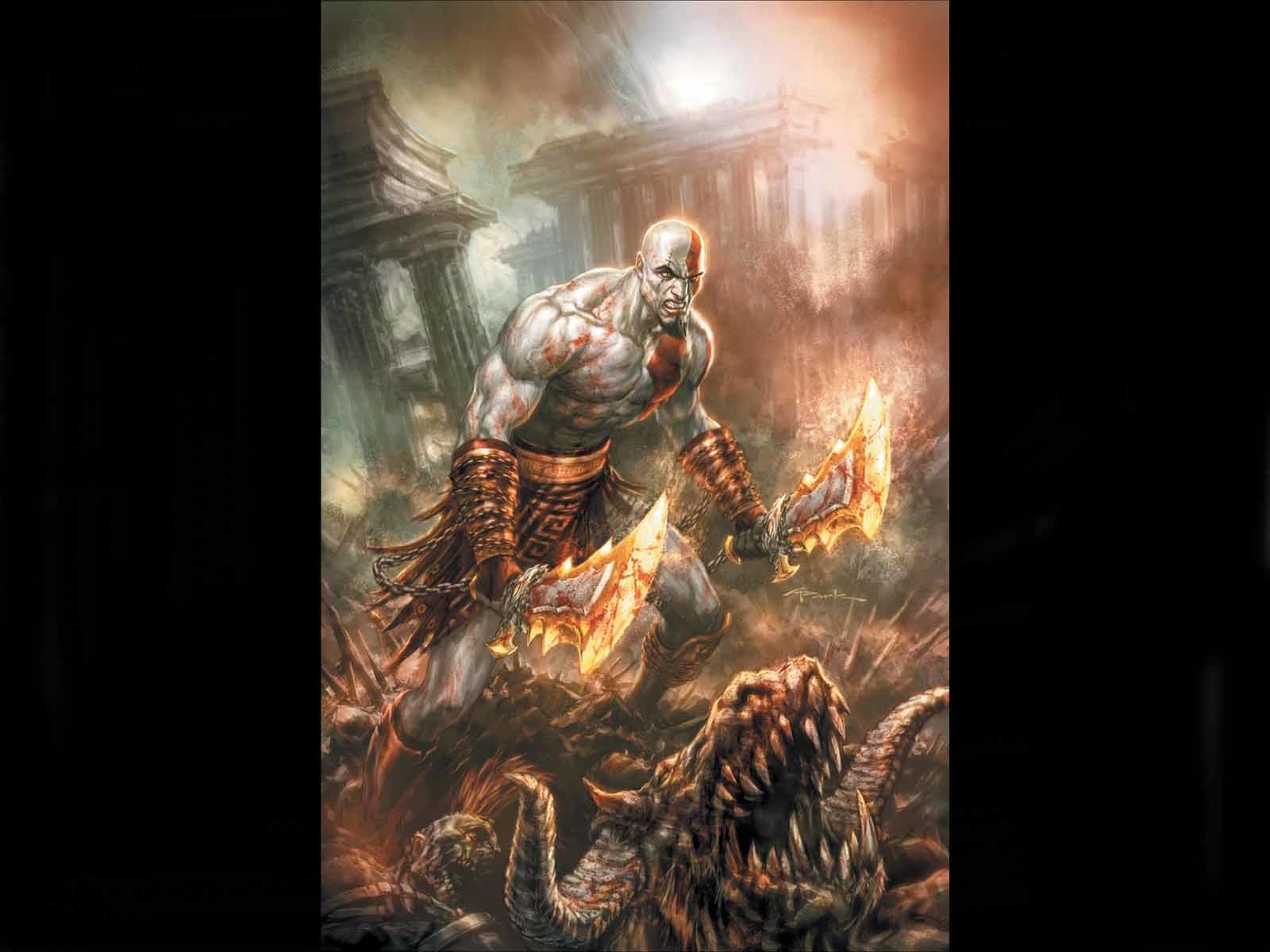 Kratos, the protagonist from the video game God of War, stands victorious wielding fiery blades amid a ruined ancient battlefield.