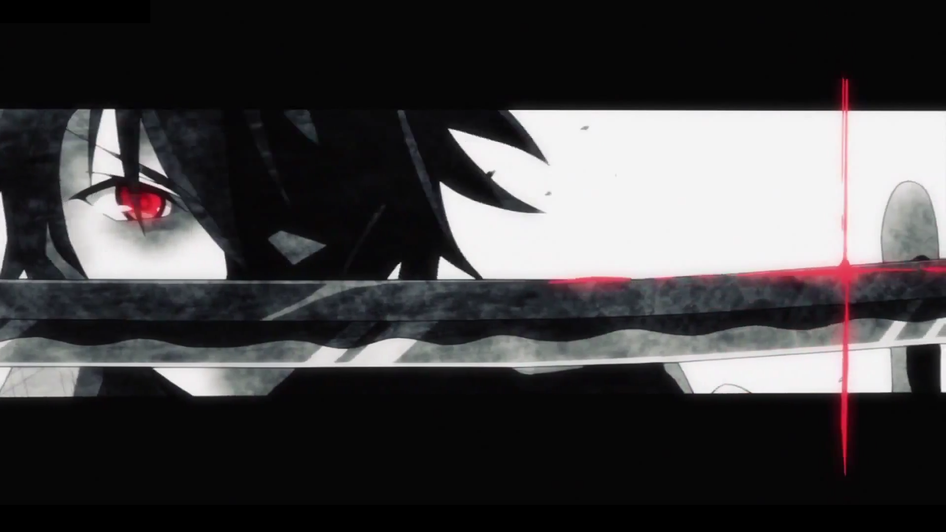 Stylized anime still from Chivalry of a Failed Knight: close-up of a dark-haired fighter's red eye framed by a horizontal blade and a vertical red crosshair.