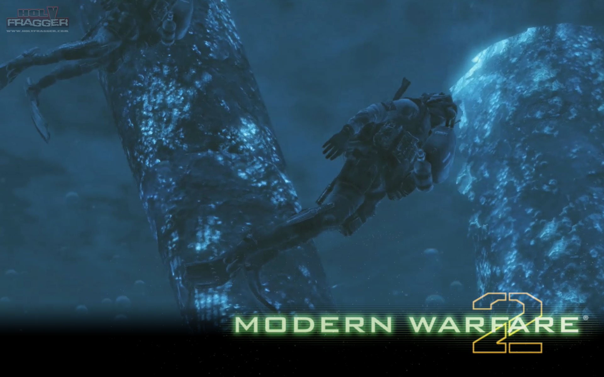 Underwater scene from the video game Call of Duty: Modern Warfare 2 showing a soldier swimming near a massive creature's tentacles.