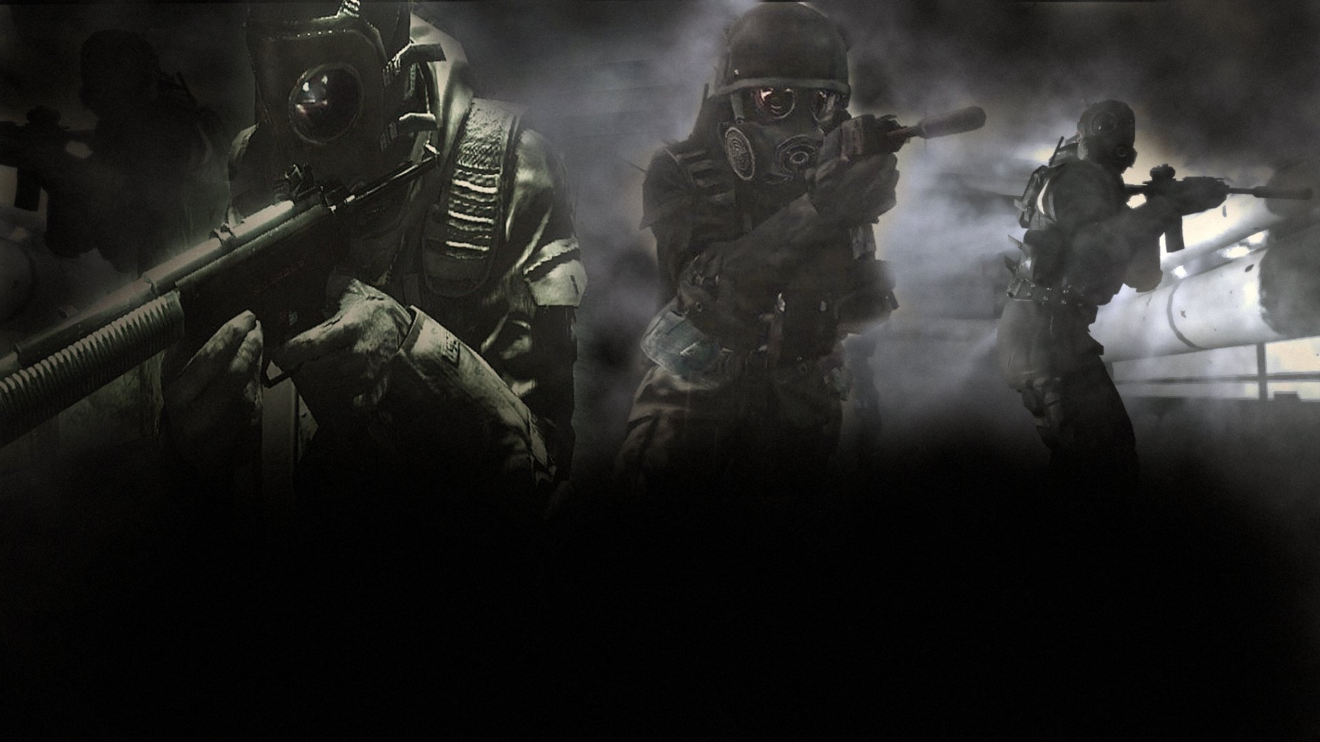 Three soldiers in tactical gear aim their weapons in a smoky environment, evoking intense action from the video game Call of Duty 4: Modern Warfare.