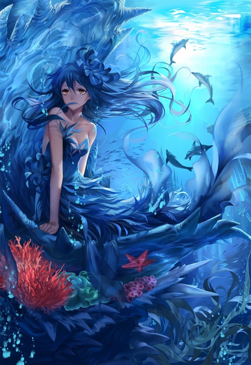 Umi Sonoda from Love Live! depicted as an elegant underwater figure surrounded by marine life, with flowing hair and a dark blue dress blending into the ocean scene.