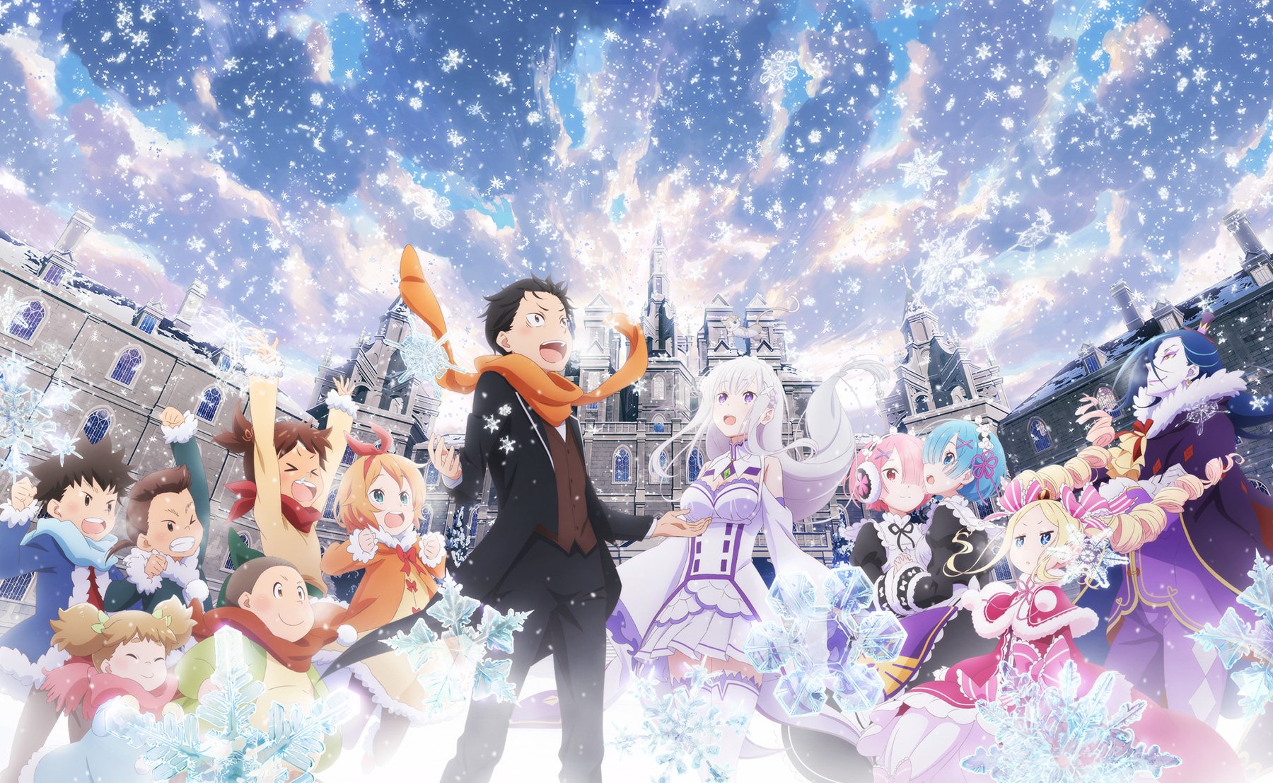 Subaru Natsuki, Ram, Rem, and Emilia from Re:Zero - Starting Life in Another World celebrate joyfully under a sparkling winter sky in this vibrant anime scene.