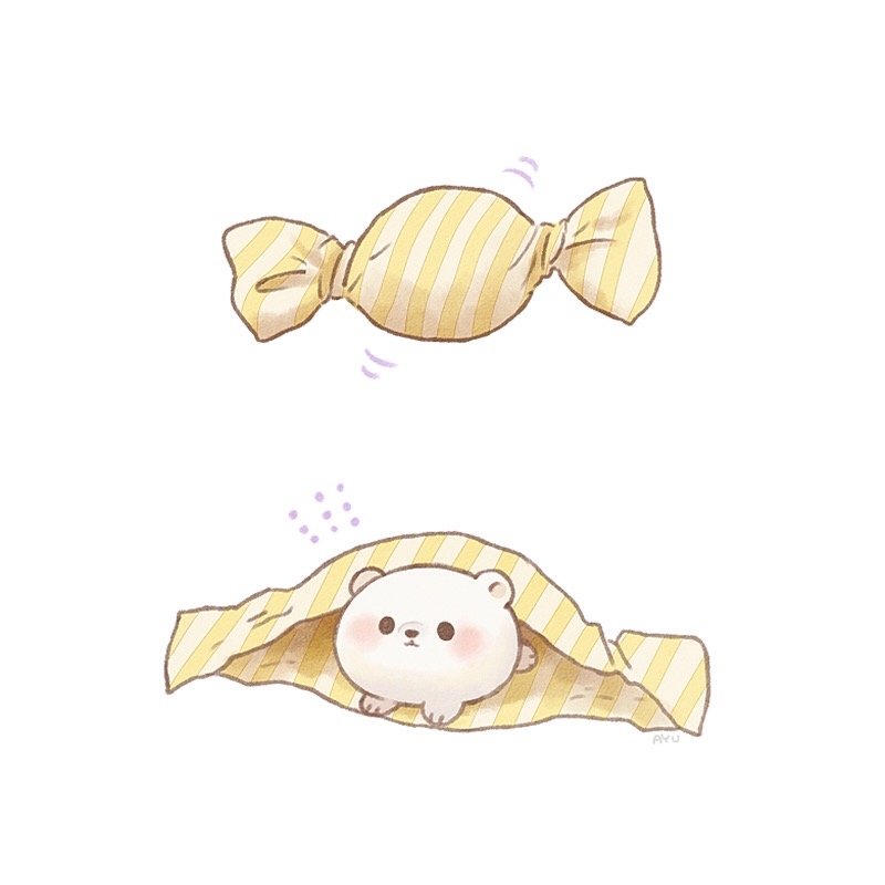 A cute animal resembling a small bear peeks out from inside yellow-striped candy wrapper, blending sweetness with playful charm.