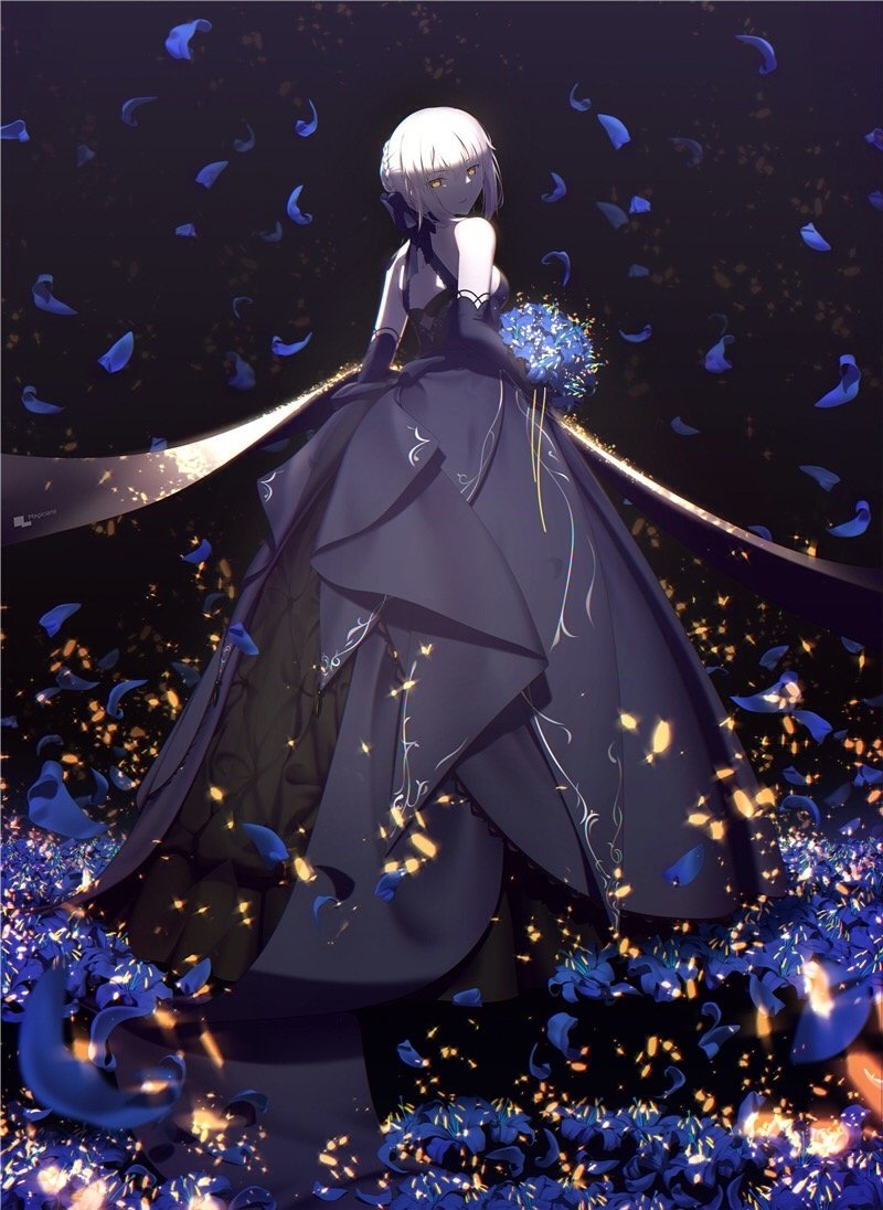 Saber Alter (Artoria Pendragon) from Fate/Stay Night in a dark elegant gown, holding a blue bouquet amid falling blue petals and golden sparks, glancing over her shoulder.