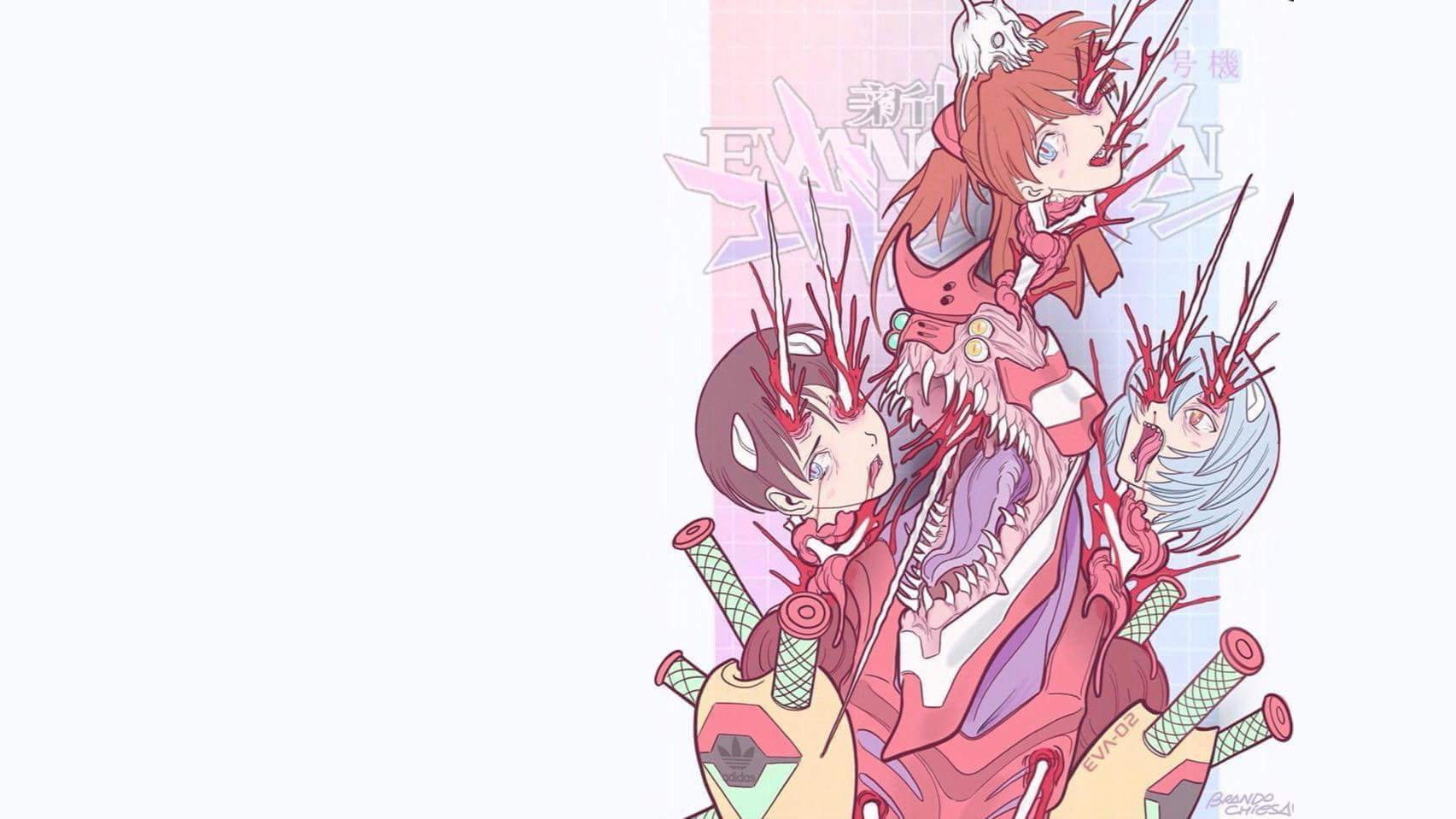 Anime image of Neon Genesis Evangelion: three stylized red-plug-suit figures entwined with mech and organic EVA elements, stacked vertically along the right on a pale background.