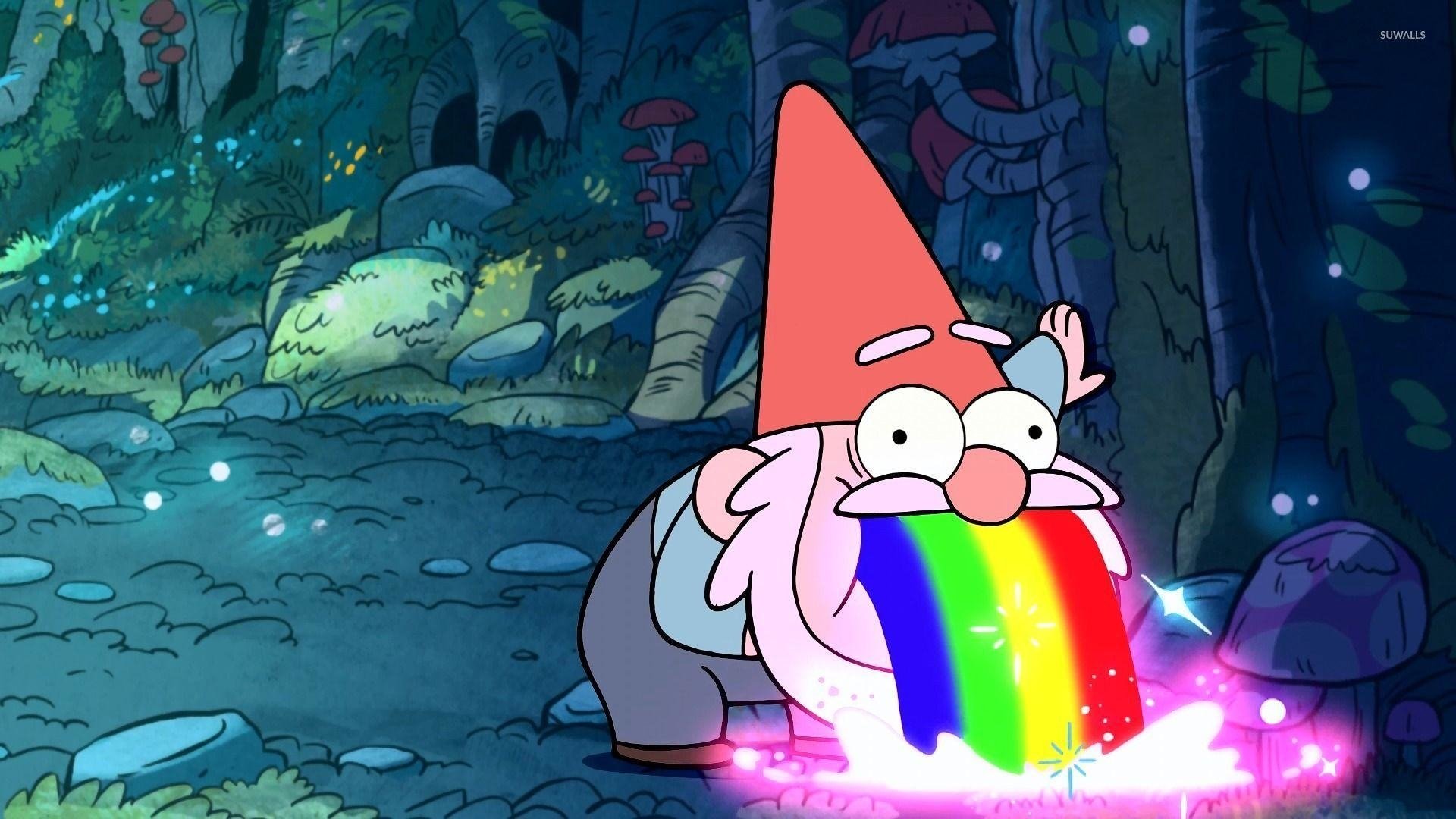 Gnome from the TV show Gravity Falls hunched in a moonlit forest, vomiting a bright, glowing rainbow onto the ground.