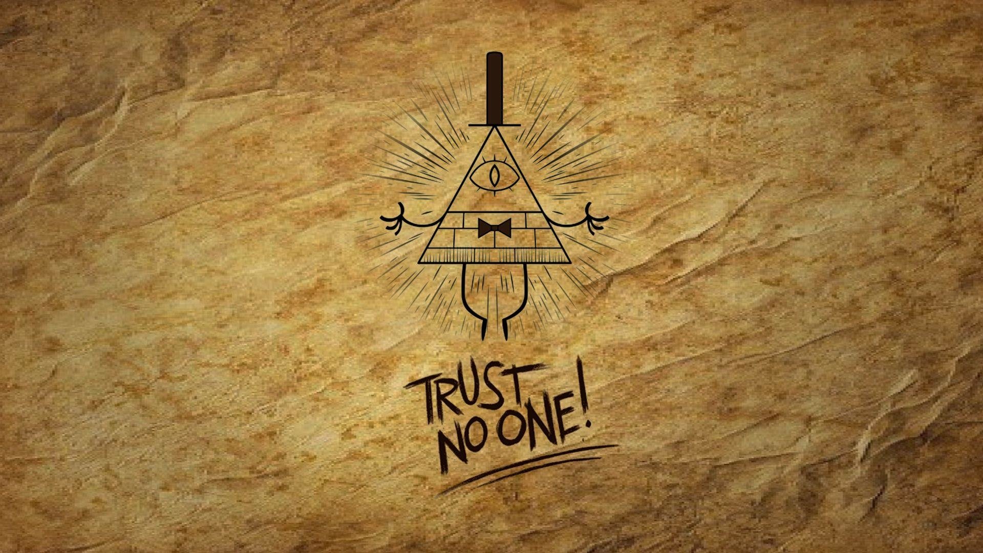 Aged parchment showing Bill Cipher’s single‑eye triangle emblem with arms and TRUST NO ONE! scrawled below — icon from the TV show Gravity Falls.