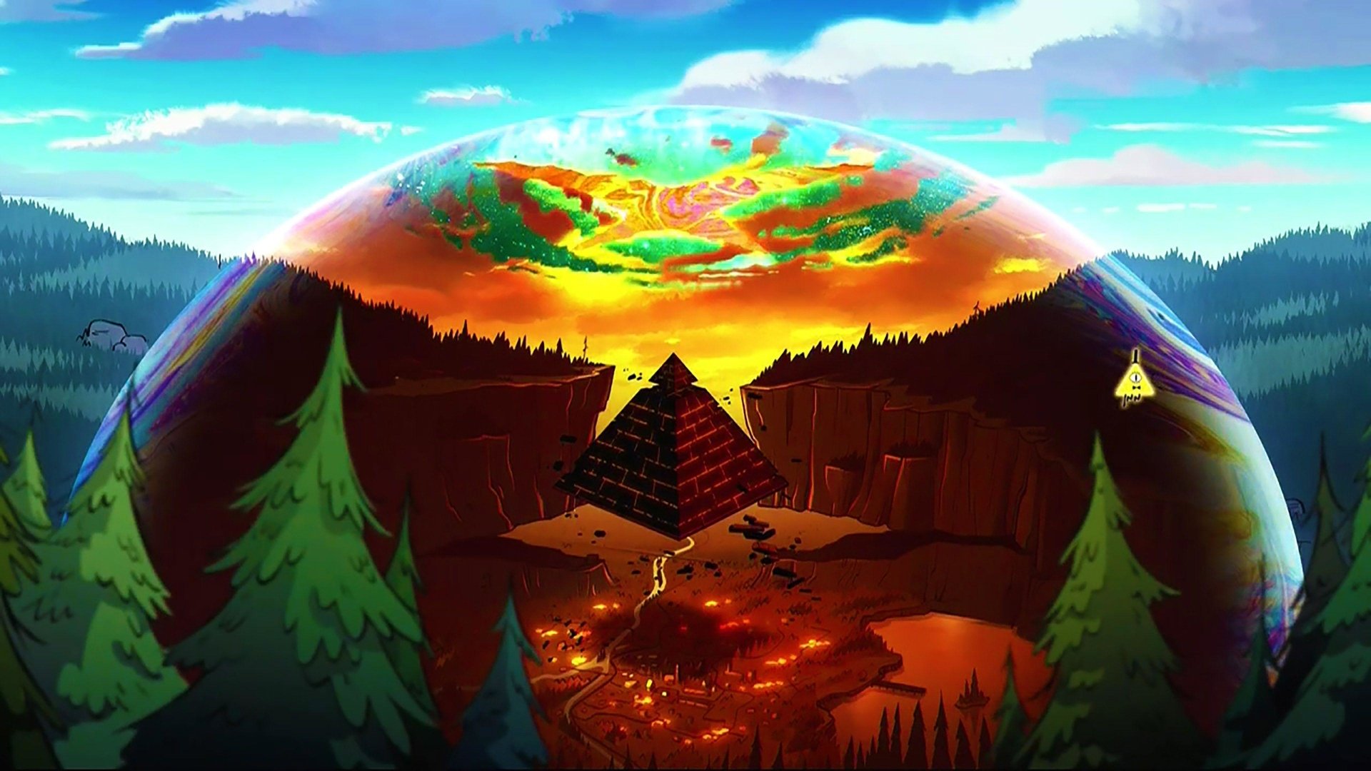 TV show Gravity Falls: a glowing dome over the forested canyon town, a floating triangular structure above fiery lights and a swirling, otherworldly sky.
