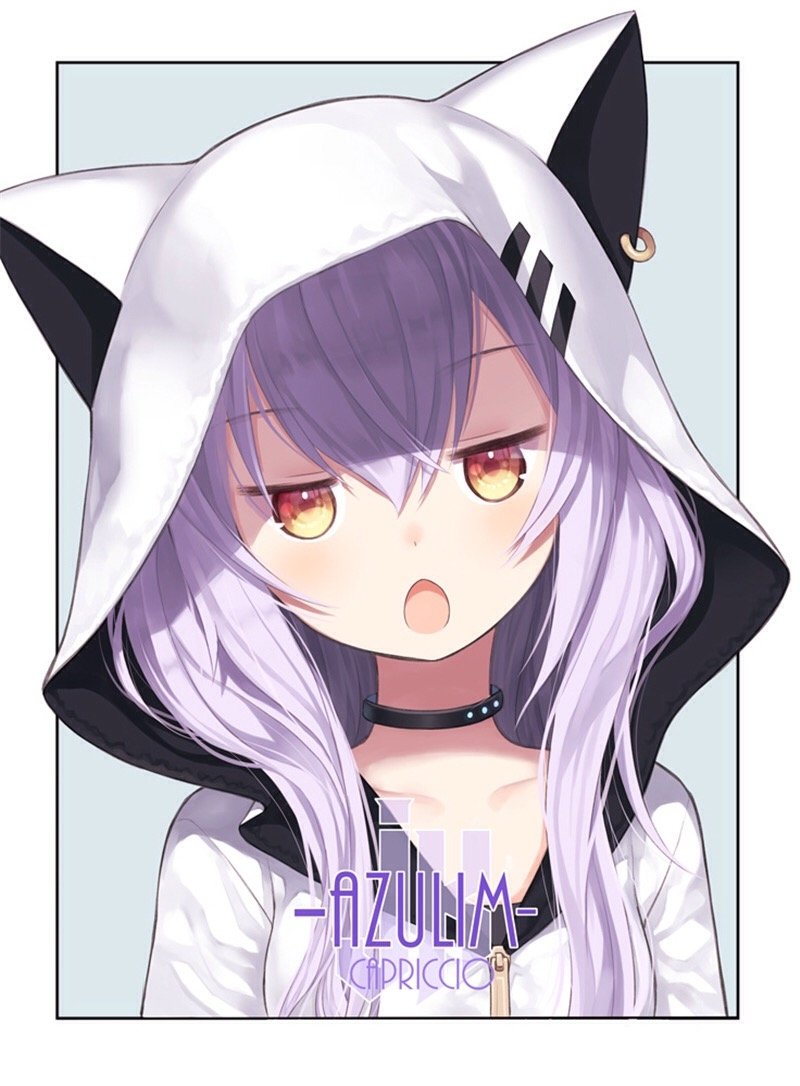 Anime-style illustration of Azuma Lim, a Virtual YouTuber, with long lavender hair, amber eyes, and a white hoodie featuring black cat ears.