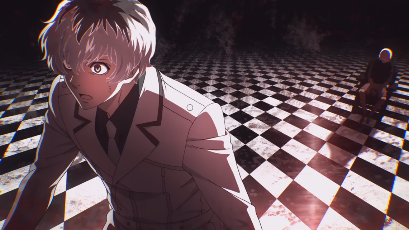 Ken Kaneki and Haise Sasaki from Tokyo Ghoul stand on a dark, checkered floor, with intense expressions and dramatic lighting highlighting the scene.