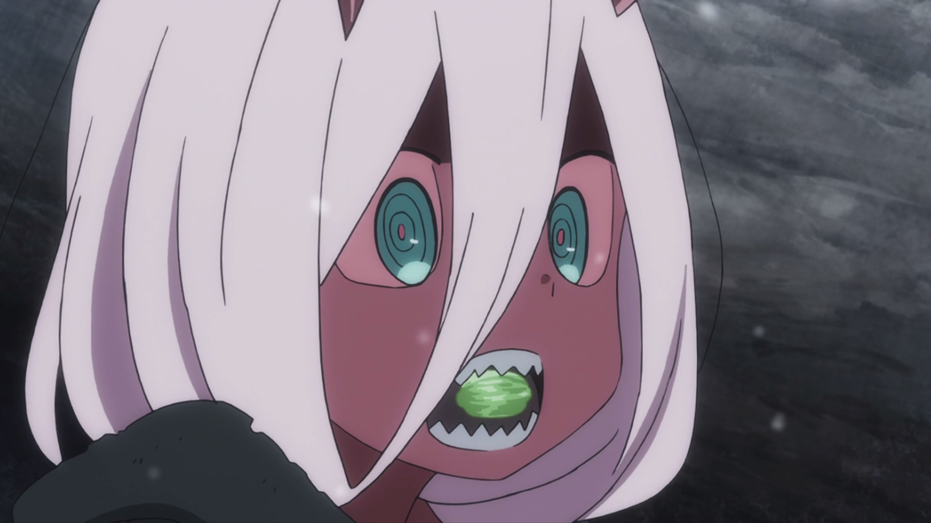 Zero Two (Darling in the FranXX) close-up: white-pink hair, wide spiraled teal eyes, snarling with sharp green teeth against a dark, stormy background.