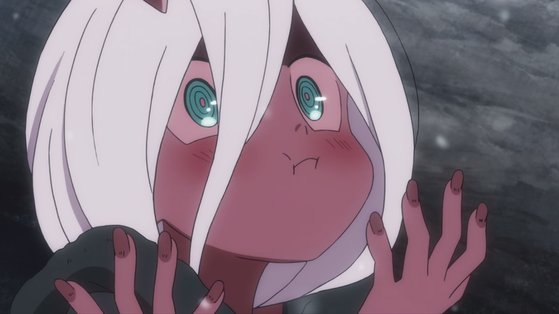 Zero Two from Darling in the FranXX with white hair and turquoise eyes, shown with a surprised expression in this anime scene.