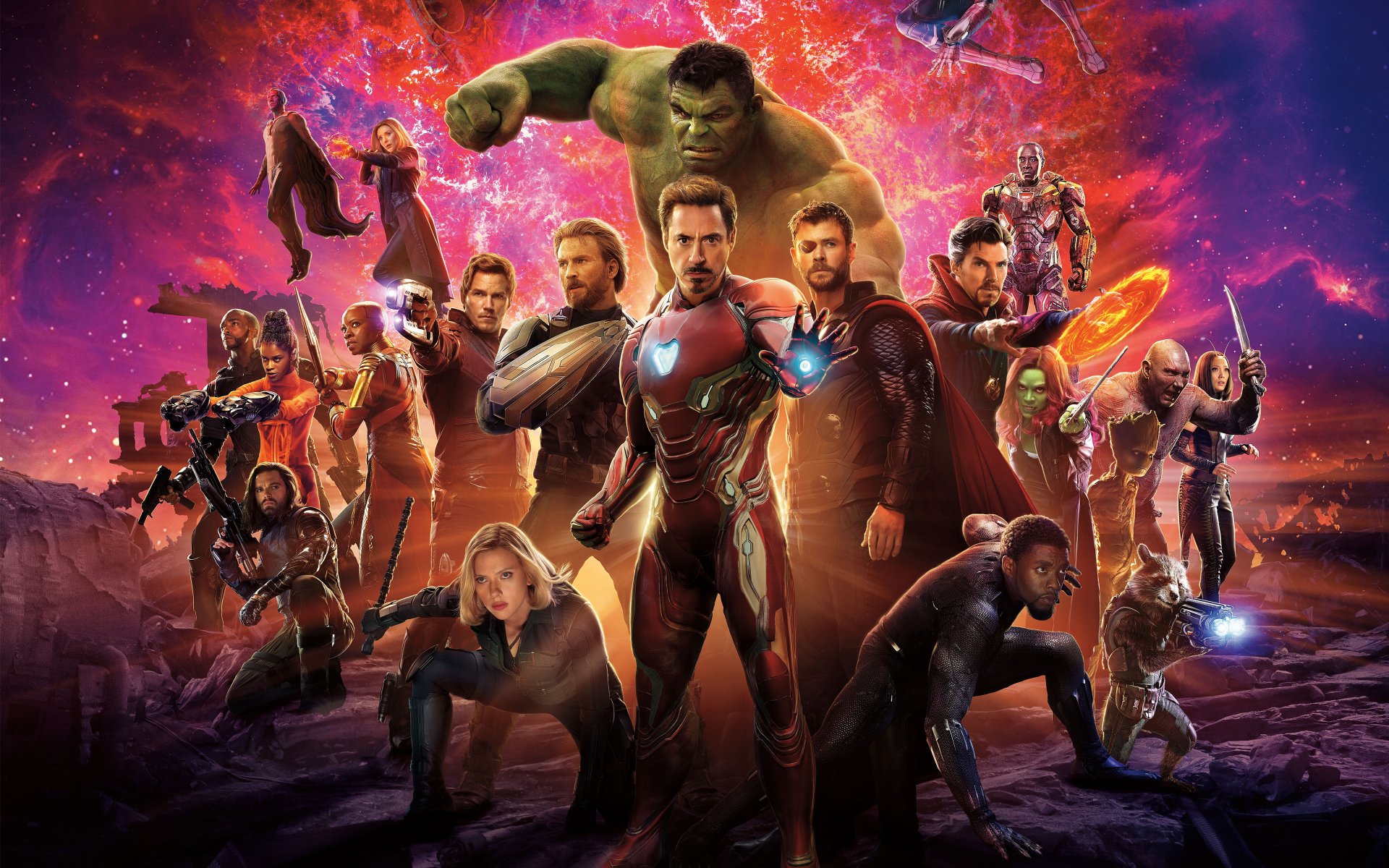 A dynamic group of superheroes from Avengers: Infinity War, including Iron Man, Thor, and the Hulk, stand united against a cosmic backdrop, ready for battle.