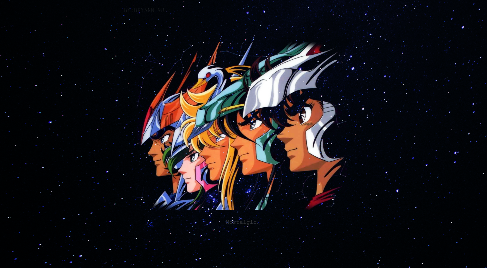 Saint Seiya anime: five Bronze Saints in profile wearing ornate helmets and colorful armor, lined up against a starry cosmic background.