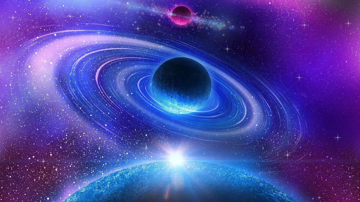 Sci Fi space scene: a glowing blue planet with bright concentric rings above another luminescent world, set against a purple-pink nebula and sparkling starfield.