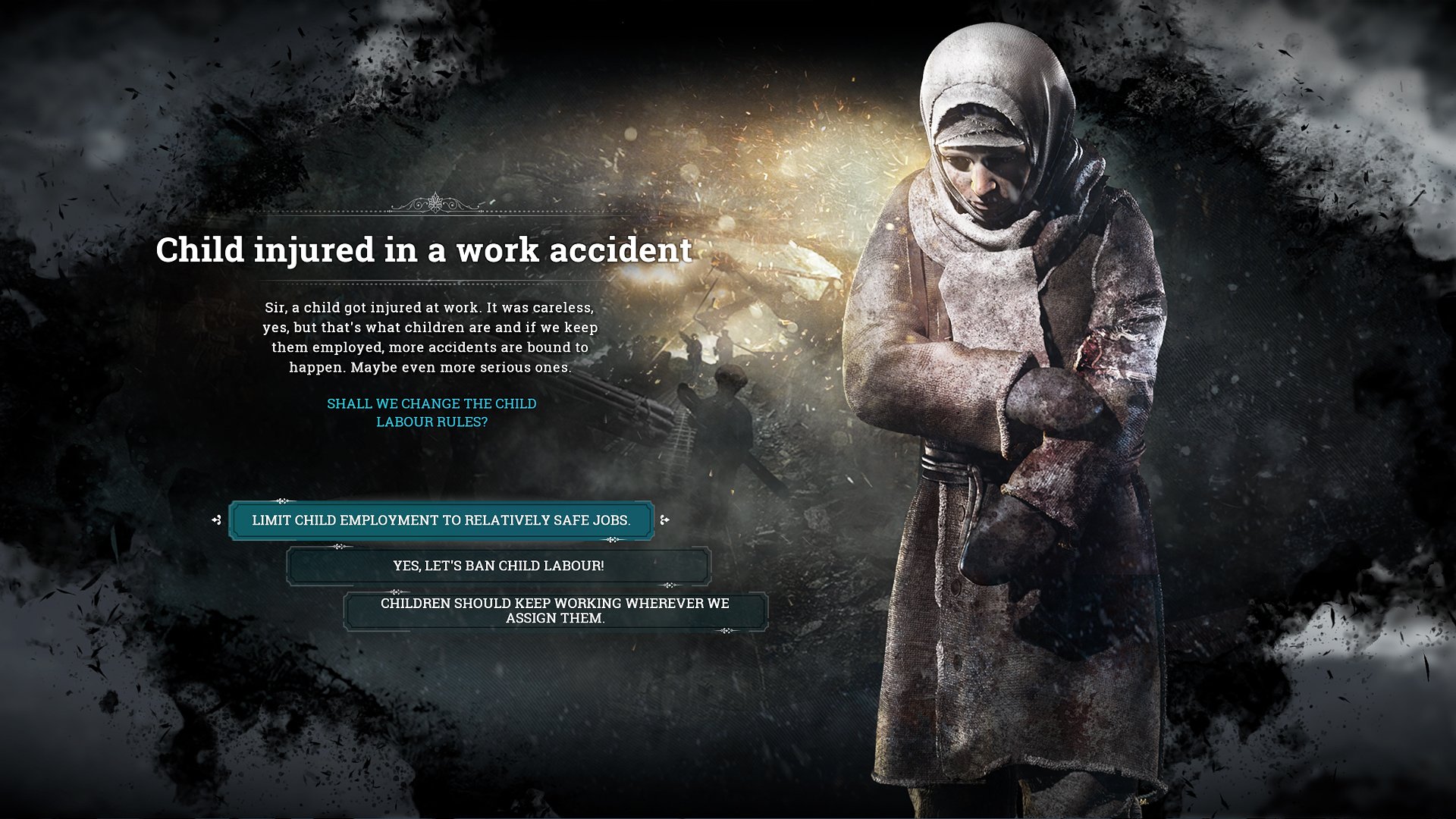 video game Frostpunk child work accident injury Image