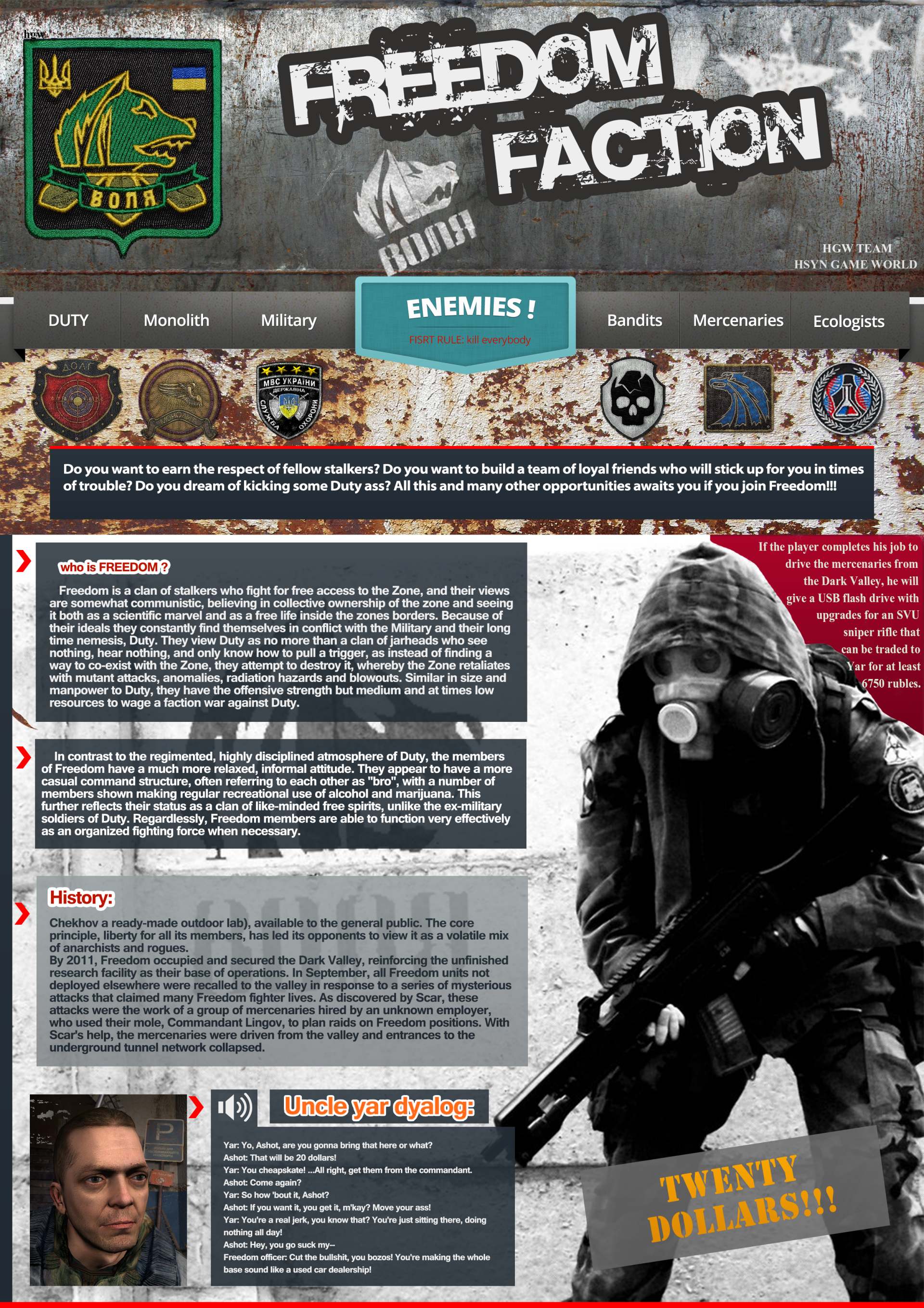 Screenshot from the video game S.T.A.L.K.E.R. showing the Freedom faction page with faction details, history, and character dialogue in a gritty, post-apocalyptic interface.