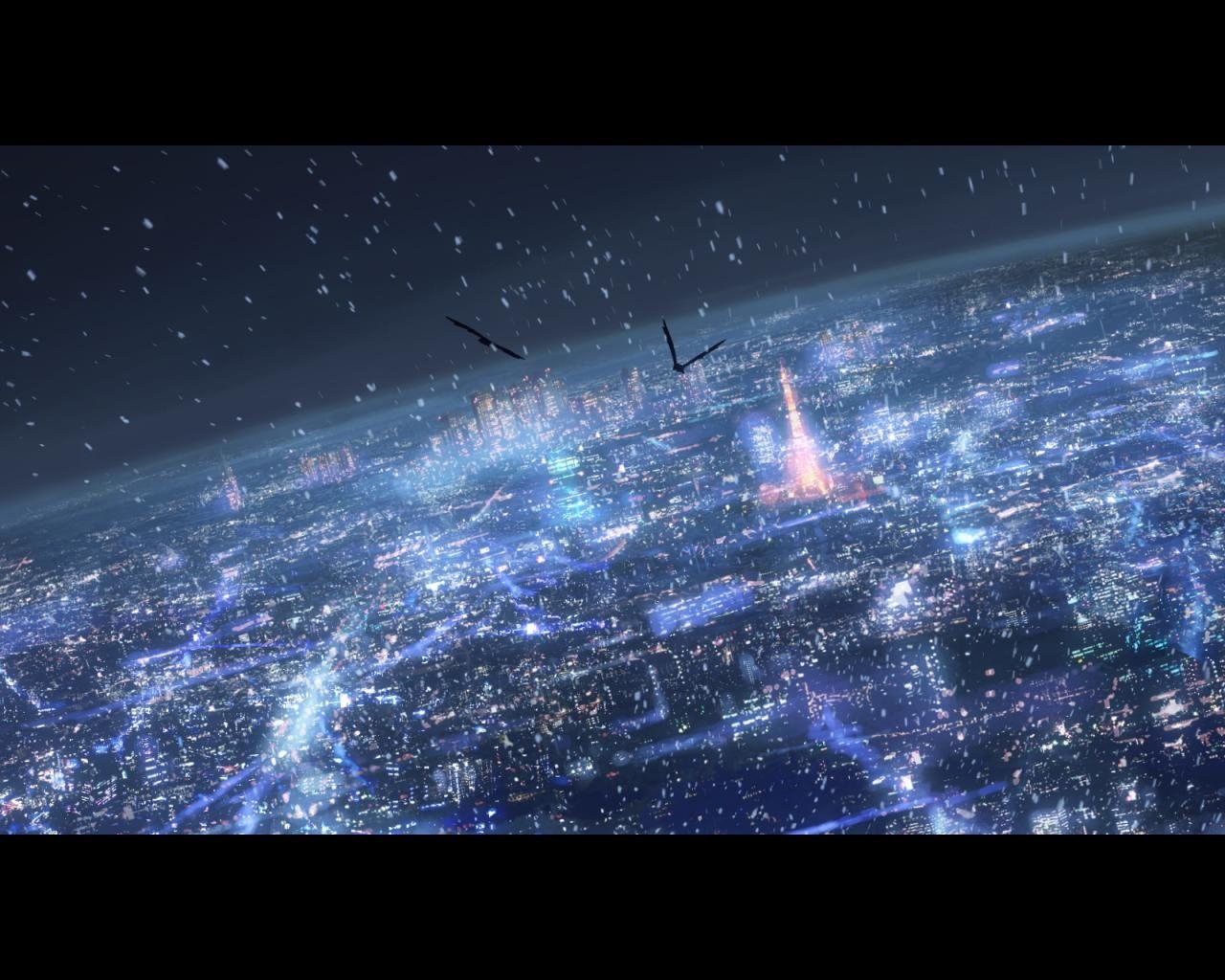 A sweeping anime cityscape illuminated by vibrant lights, with a gentle snowfall and distant skyscrapers, creating a serene nighttime atmosphere.