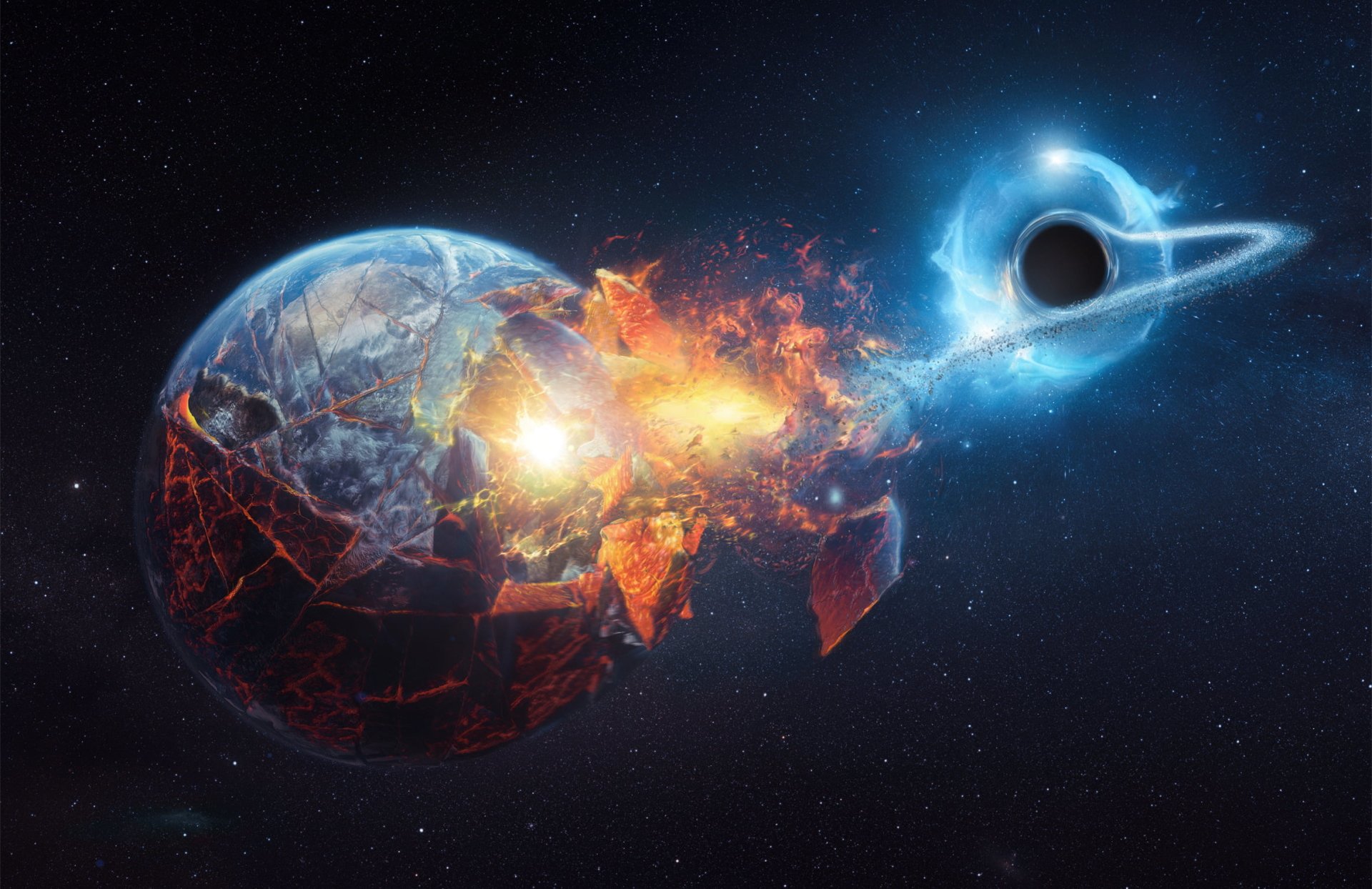 Sci Fi scene of a black hole tearing an Earth-like planet apart, fiery debris and molten core spiraling into a bright accretion ring.