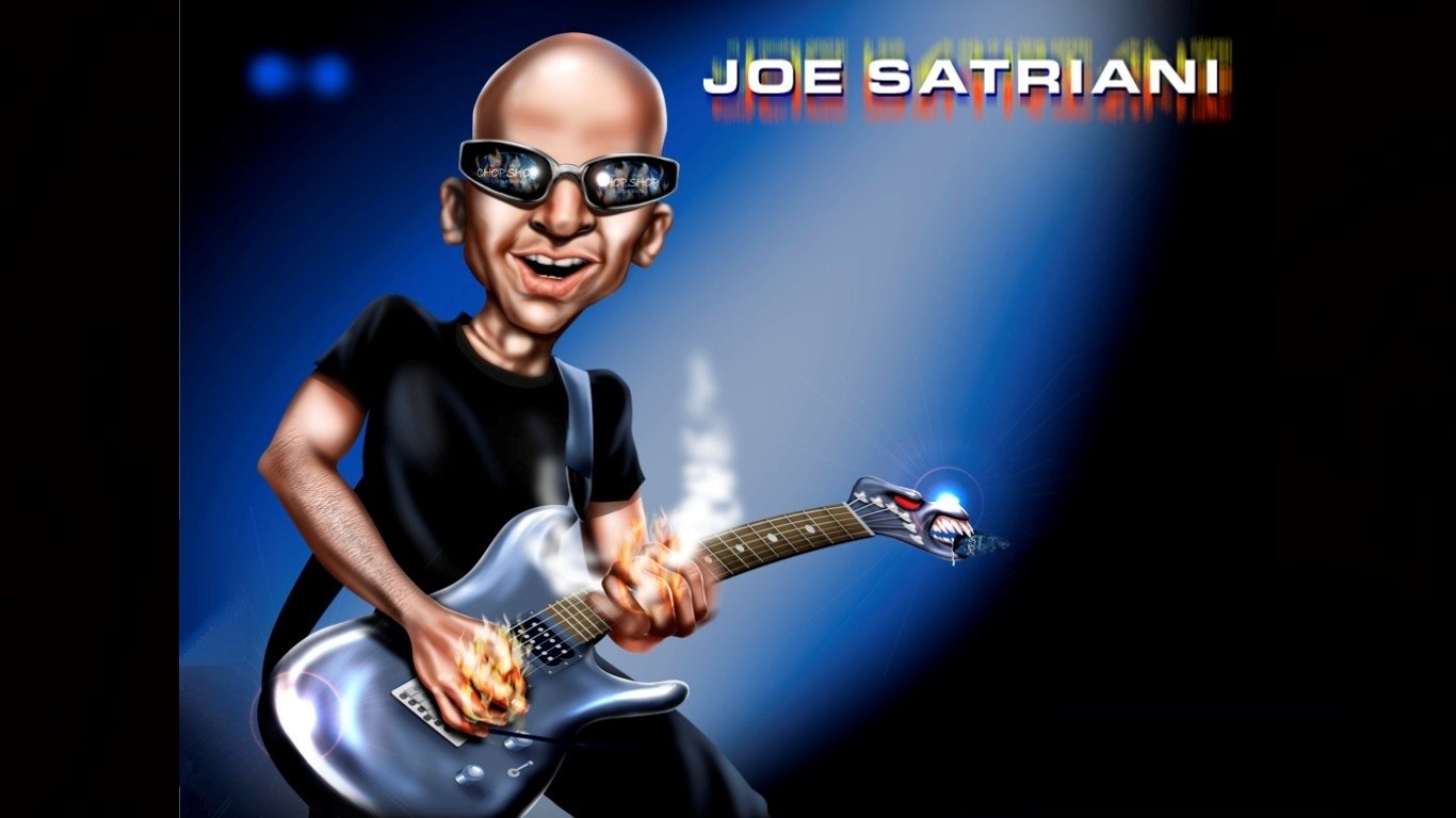 A vibrant illustration featuring Joe Satriani, depicted playing an electric guitar with an energetic pose, set against a dynamic blue background.