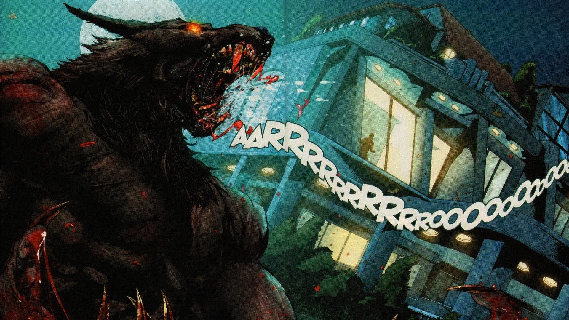 A dark werewolf howls menacingly outside a modern building, with blood dripping from its jaws, set against a night sky and a full moon.