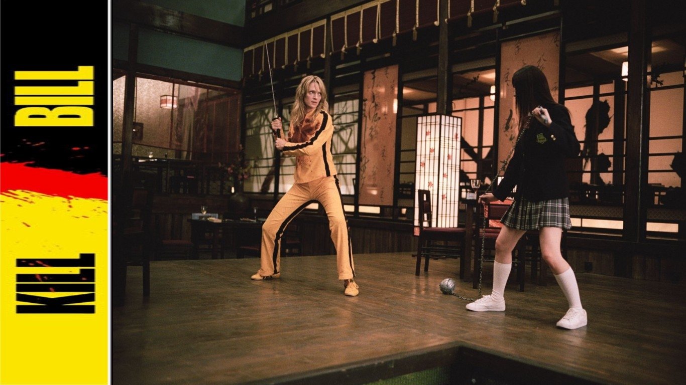 Fight scene from Kill Bill: Vol. 1 — a woman in a yellow jumpsuit faces a schoolgirl in a plaid skirt, both poised to fight inside a wood-paneled dojo.