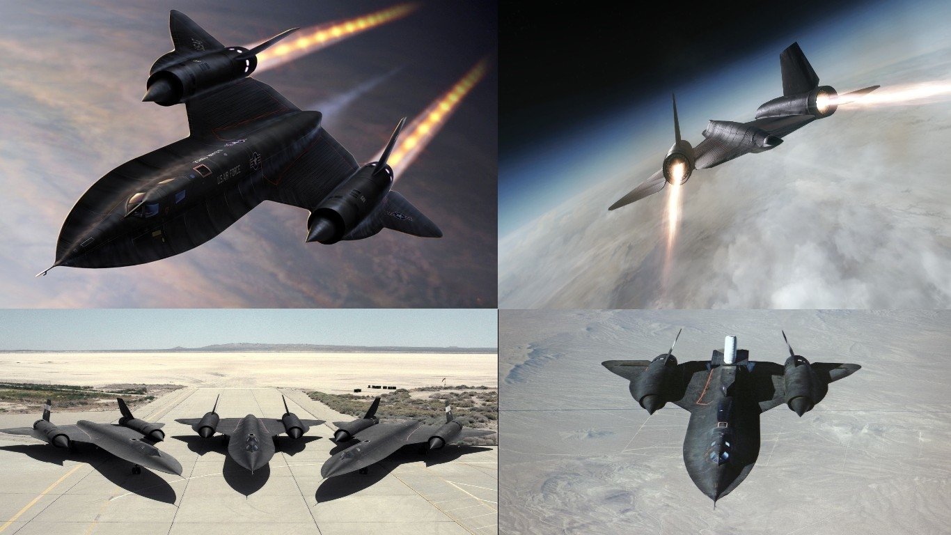 A collage of four images featuring the military Lockheed SR-71 Blackbird in flight and on the ground, showcasing its sleek design and high-speed capabilities.
