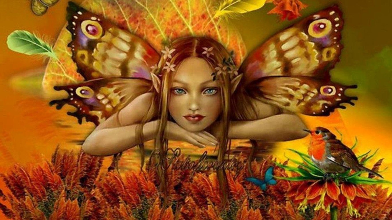 A enchanting fairy with butterfly wings rests among vibrant flowers and foliage, surrounded by colorful birds, embodying the magic of fantasy.