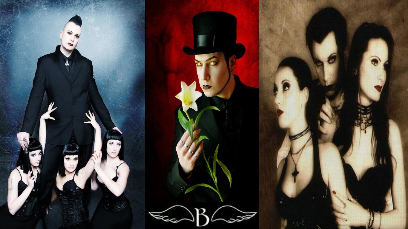 Promotional images of the gothic music group Blutengel, showcasing their dark and theatrical style across three distinct portraits.