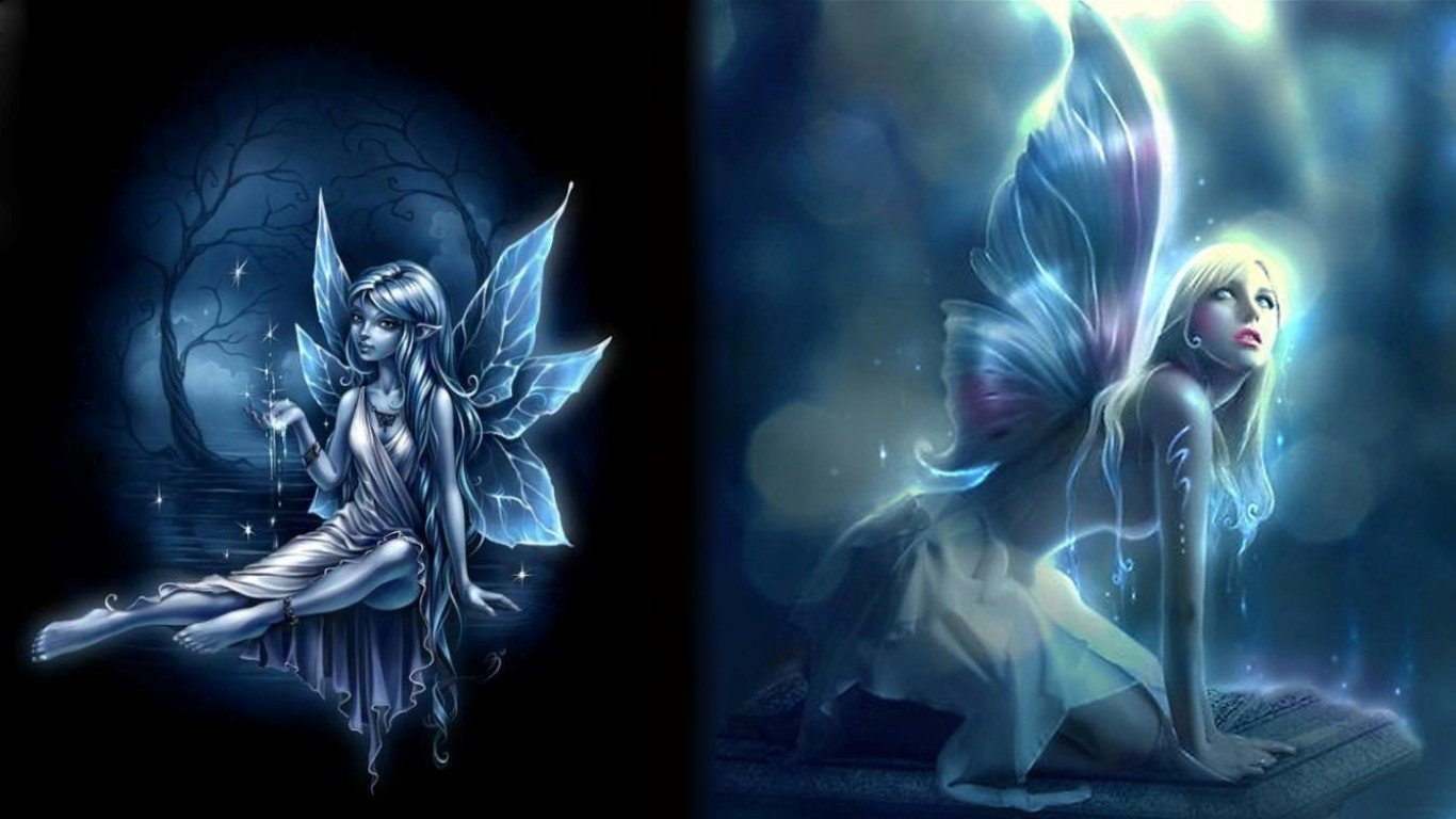 Two ethereal fairies are depicted in a fantasy setting, one seated gracefully with shimmering wings, the other in a dynamic pose, both surrounded by a mystical glow.