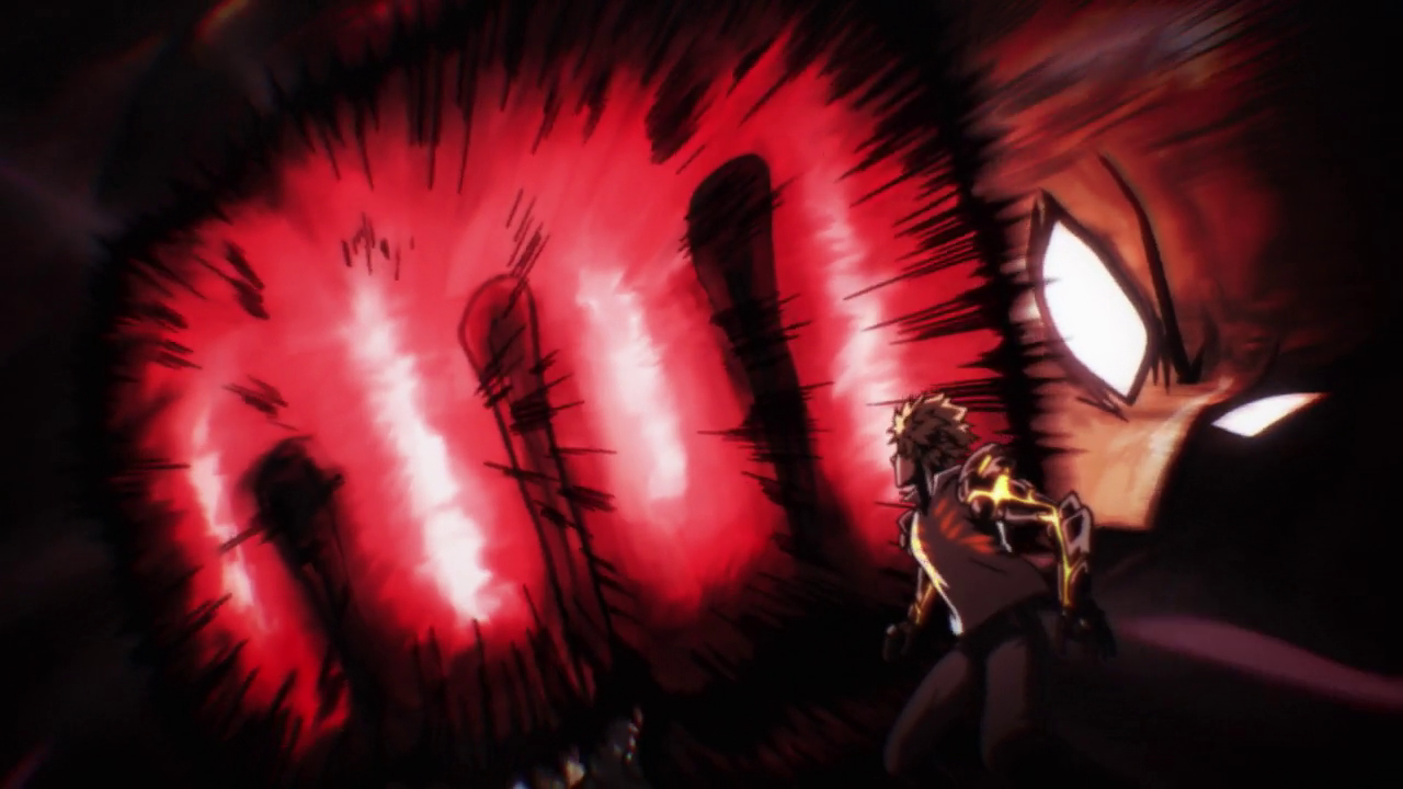 Anime — One-Punch Man: a massive, motion-blurred red fist fills the frame as a lone hero braces to strike beneath a fierce, glowing eye.