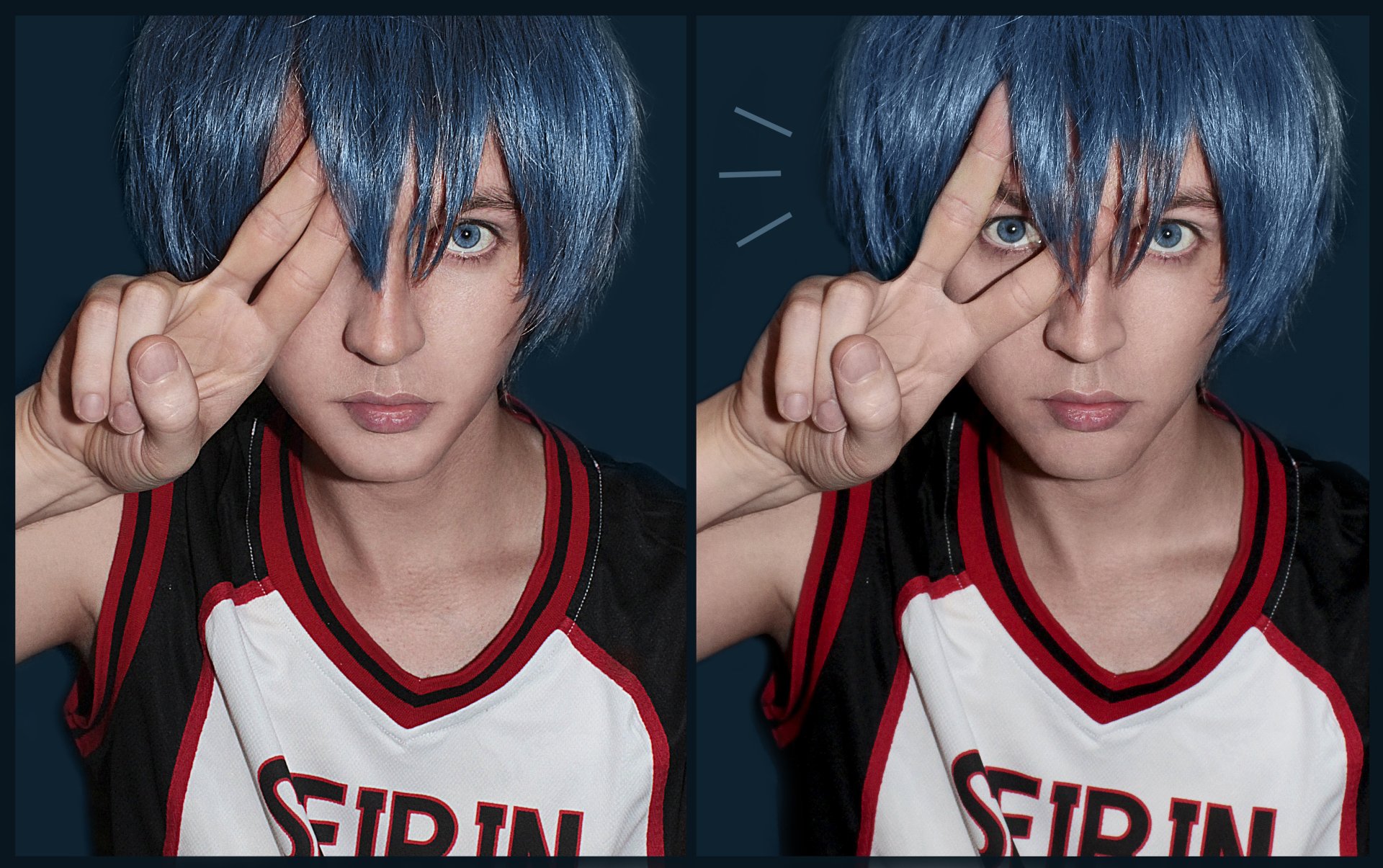A man in cosplay with a blue wig and Seirin basketball jersey shown in a two-panel close-up, posing with a V/peace sign over one eye.