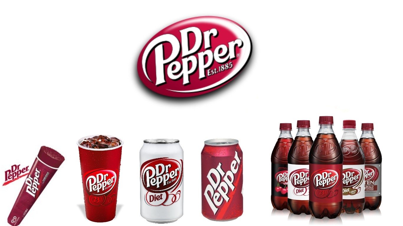 Dr Pepper logo above a lineup: promo cup, fountain cup, Diet and regular cans, and multiple Dr Pepper bottles.