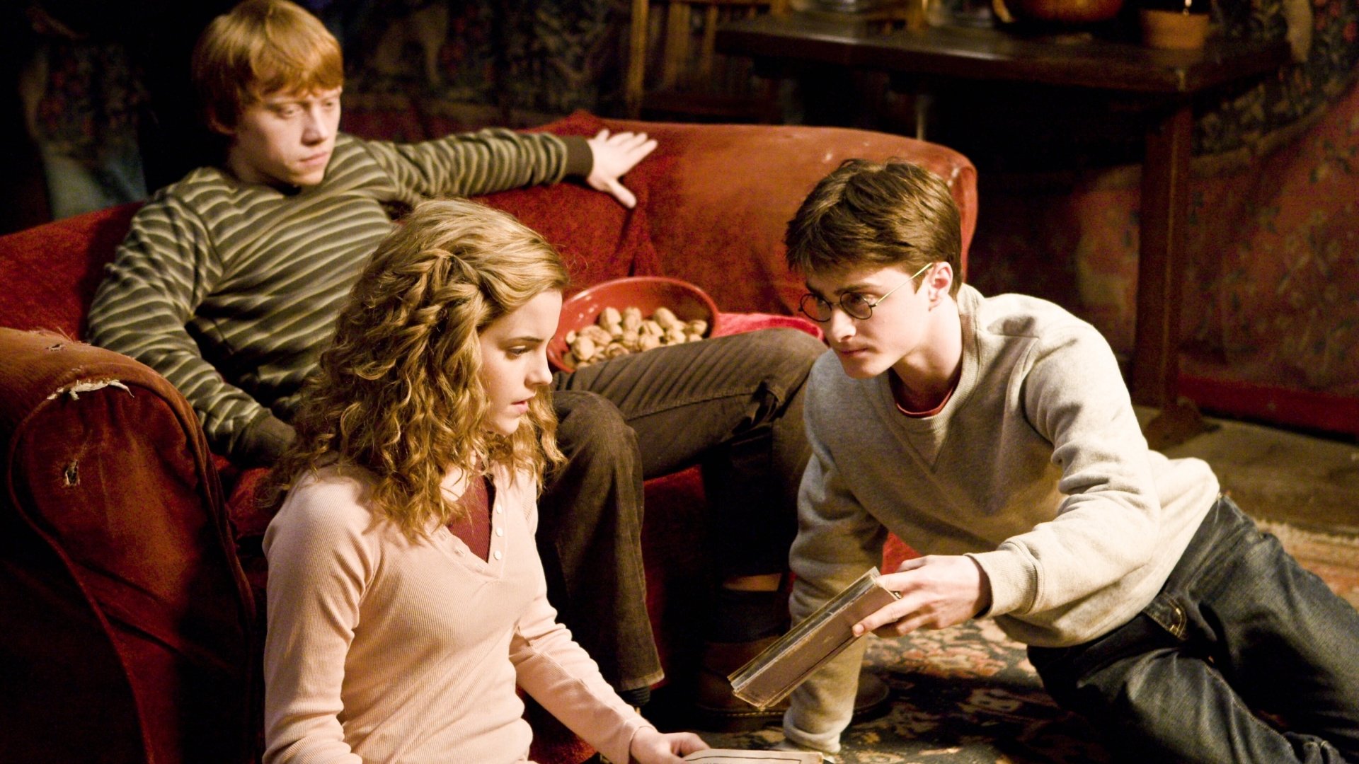 Three characters from *Harry Potter and the Half-Blood Prince* sit on a couch. Hermione and Harry are engaged in discussion, while Ron relaxes behind them, adding to the cozy atmosphere.